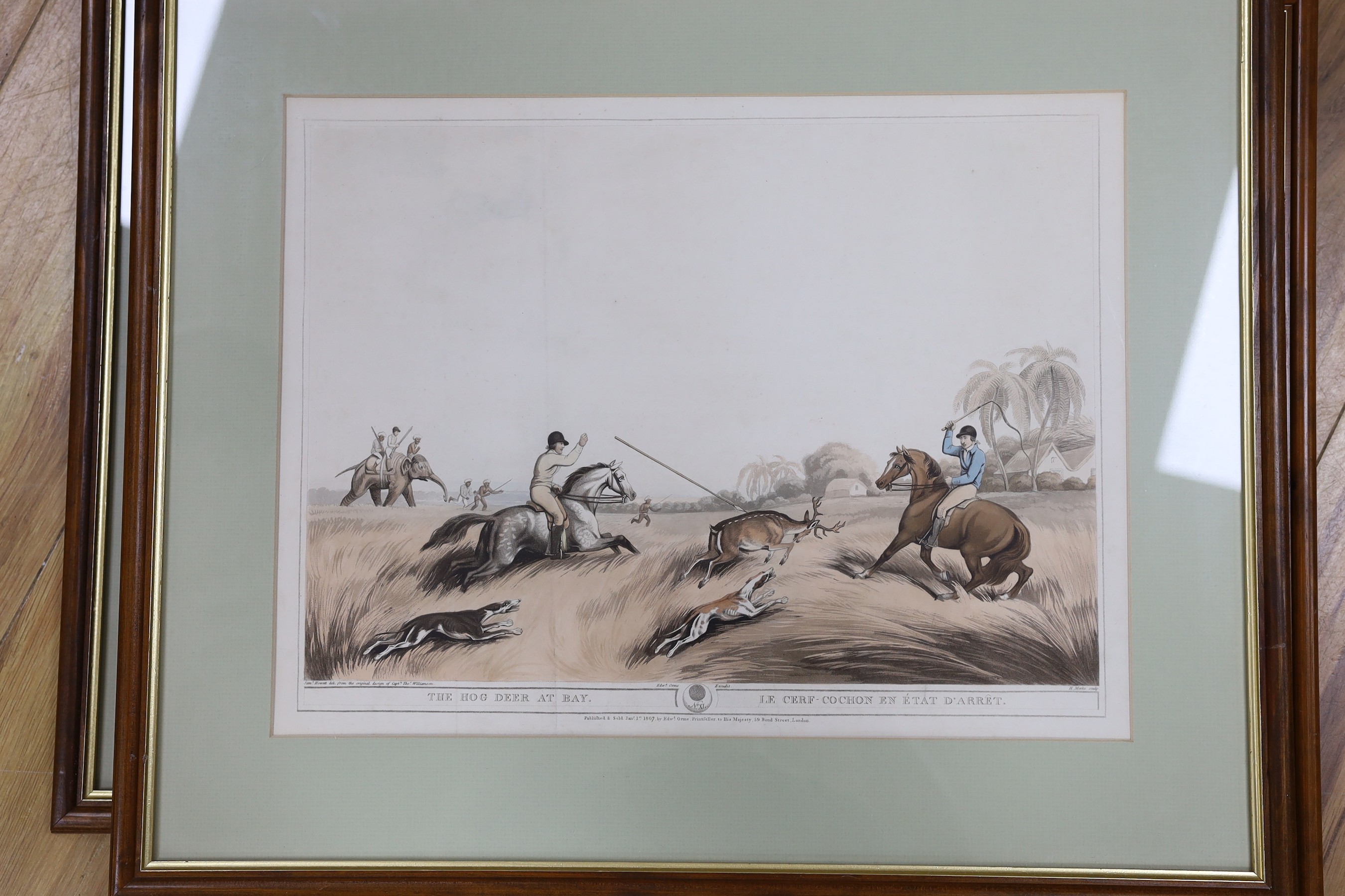 Edward Orme Publ. 1805, four colour prints from Oriental Field Sports, 'The Tiger at Bay', 'The Hog Deer at Bay', 'Hunting a Kuttauss or Civit Cat' and 'Driving elephants into a keddah', overall 36 x 47cm